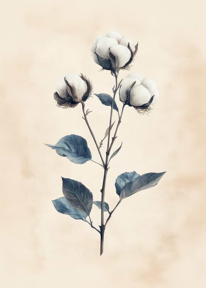 Vintage Cotton Branch Illustration | Vintage Cotton Botanical Study Wall Art