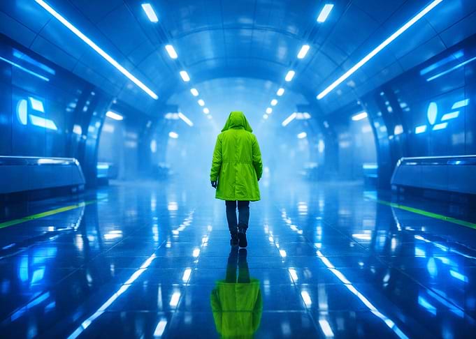 Person in green coat in futuristic tunnel