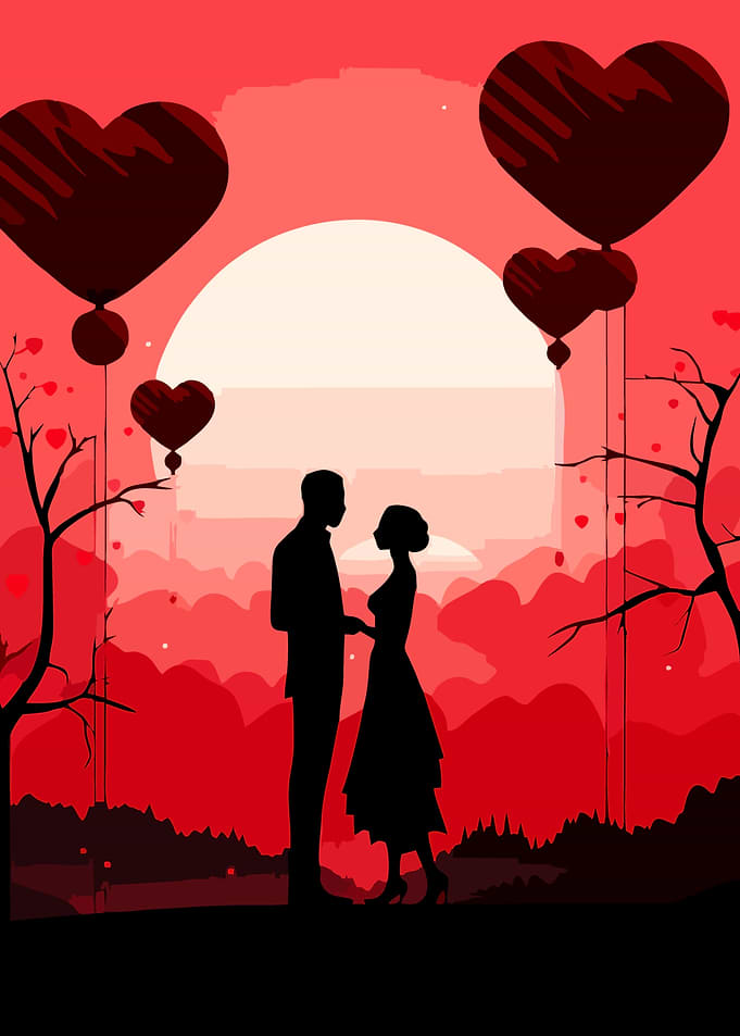 Couple in Silhouette with Heart Balloons