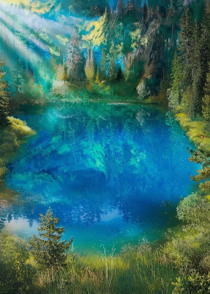 Forest Lake with Sunbeams