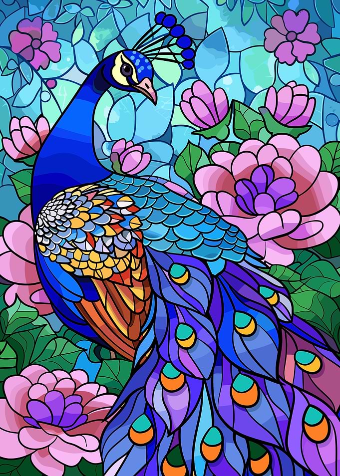 Stained Glass Peacock with Flowers