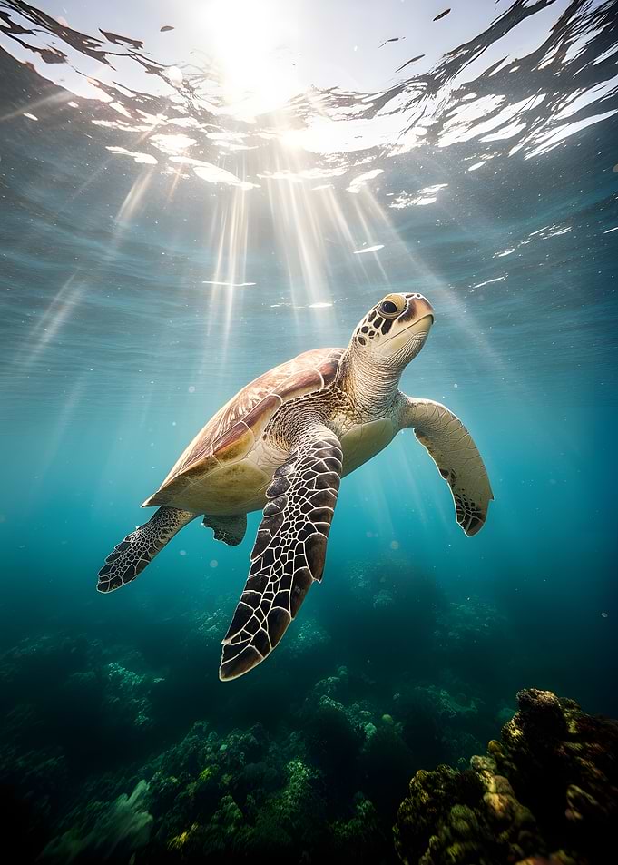 Sea Turtle Swimming in Sunlit Ocean