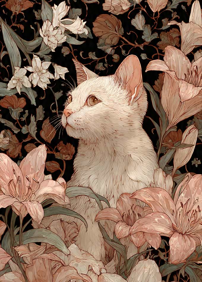 White Cat Amongst Pink Lilies