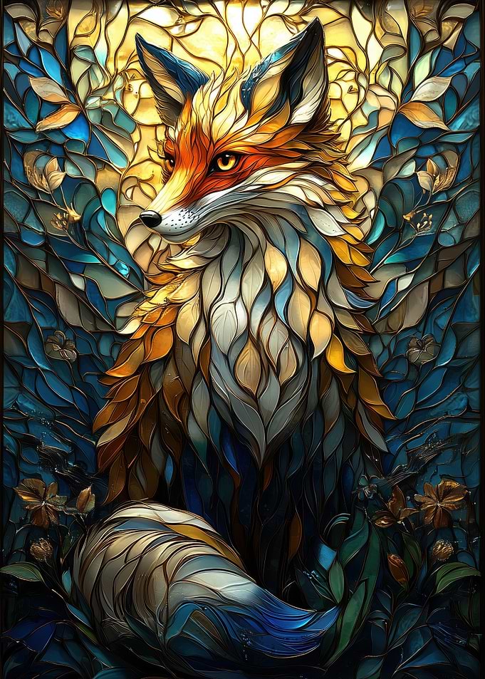 Stained Glass Fox with Floral Background