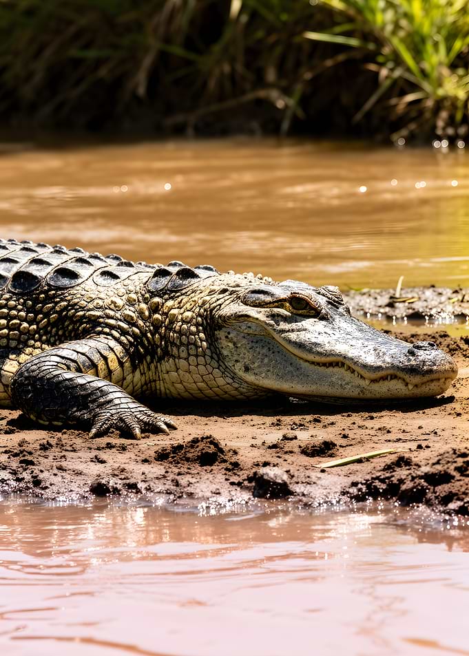 Alligator on muddy riverbank