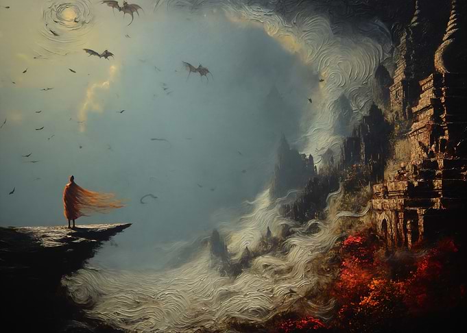 Wanderer Before the Mistbound Citadel – Surreal Fantasy Landscape Art