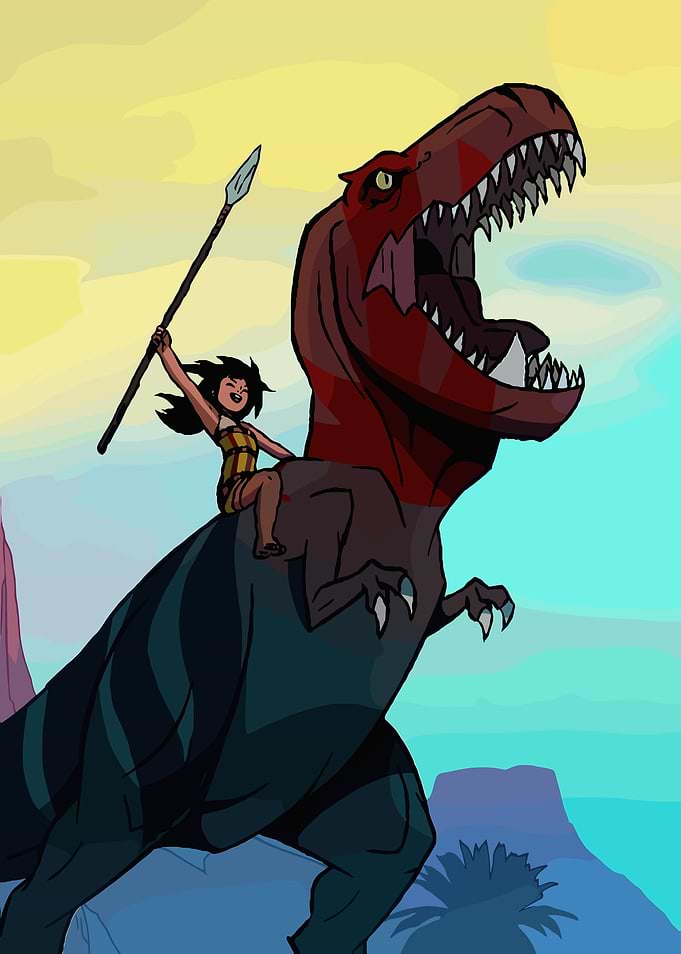 Cave Girl Riding a Dinosaur