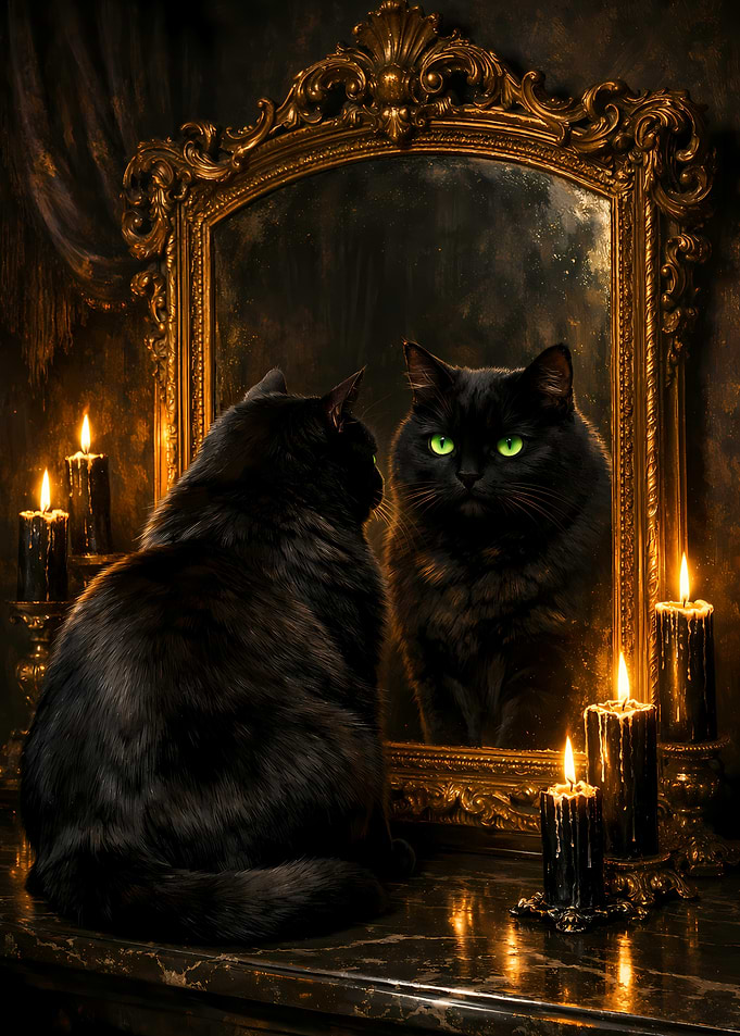 Black Cat Mirror Dark Academia Gothic Mystery Painting
