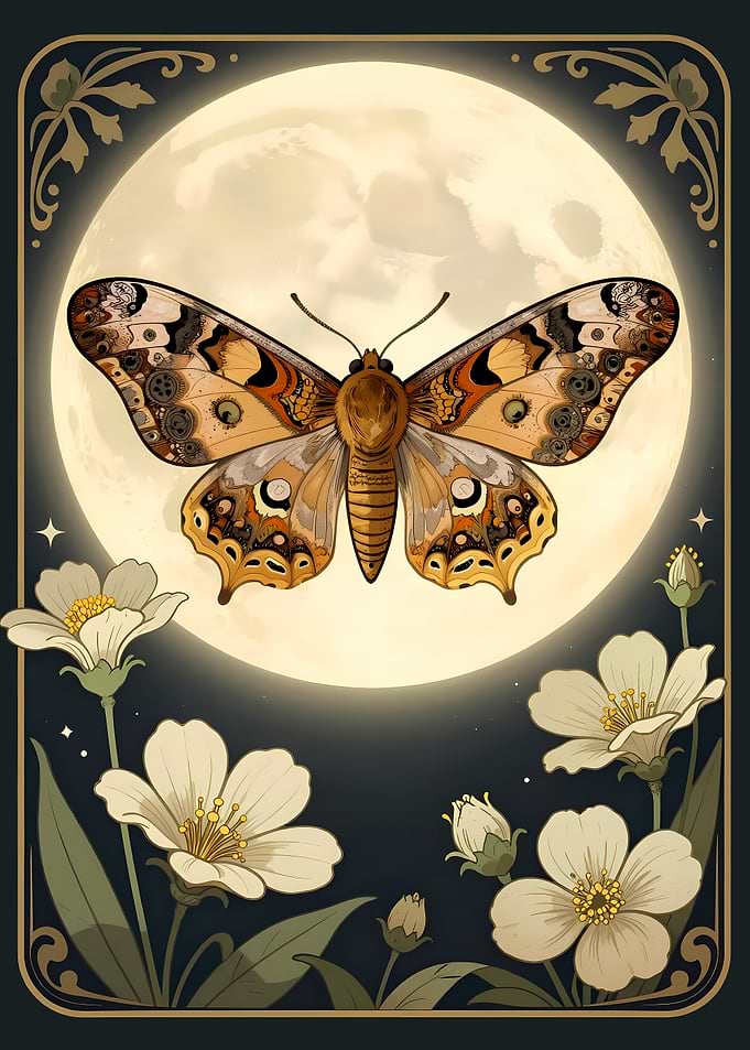 Moth and Moon with Flowers