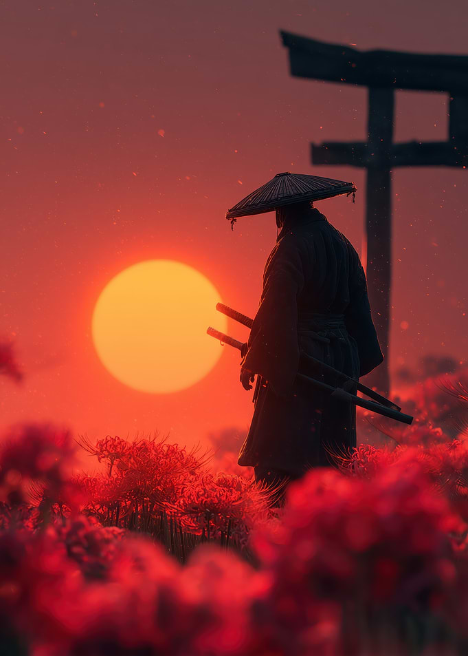 Samurai in a Red Field at Sunset