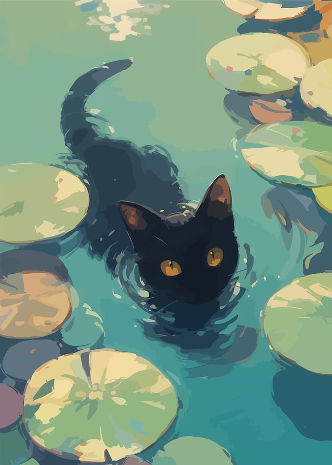 Black Cat in Lily Pond