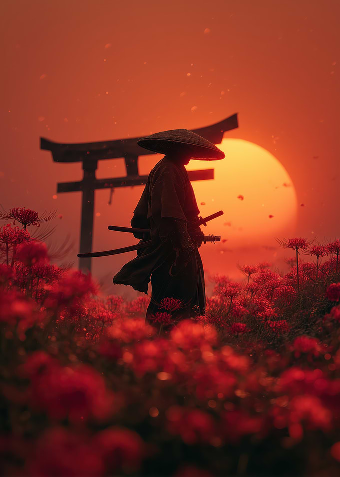 Samurai in a Field of Red Flowers