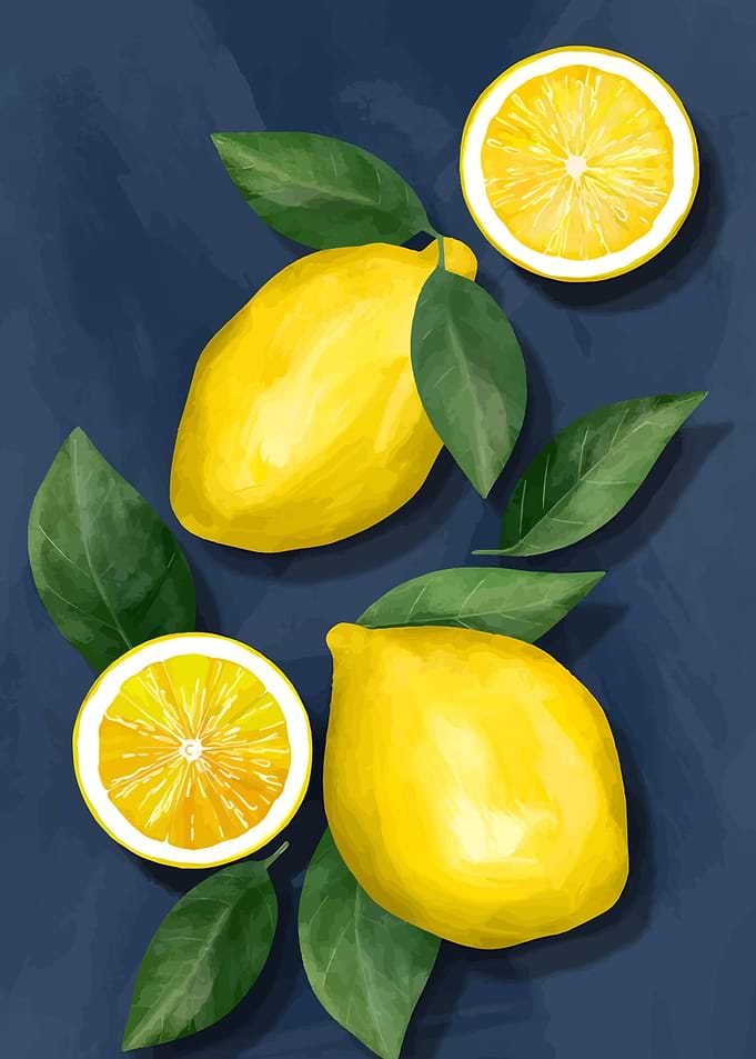 Lemons and Leaves on Dark Blue Background