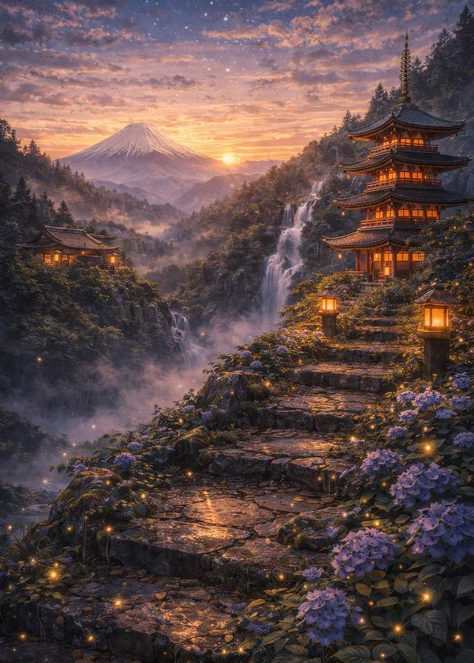 Enchanting Japanese Mountain Pagoda at Sunset