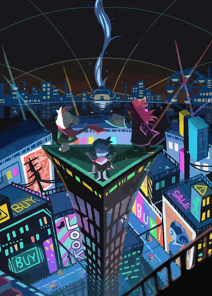 Deltarune characters in a neon cityscape