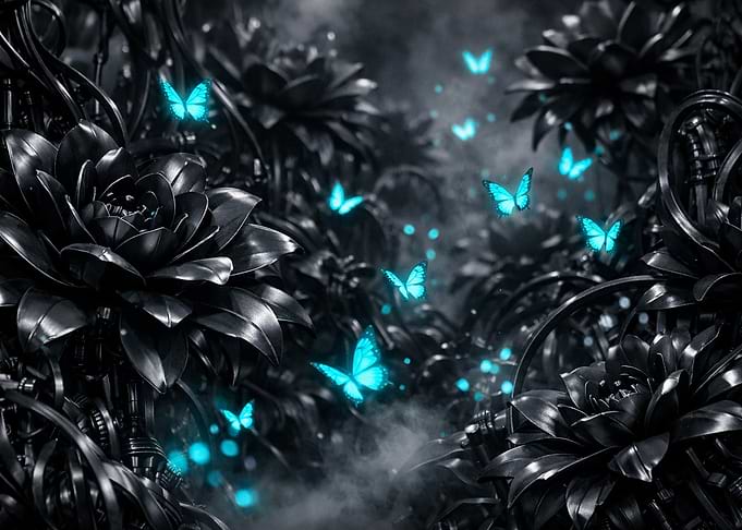 Dark Floral Scene with Glowing Butterflies