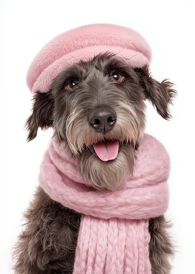 Cozy Giant Schnauzer Dog Wearing Pink Hat and Scarf