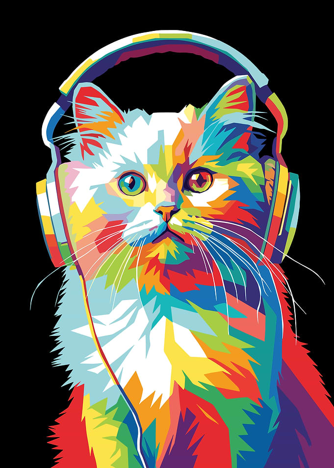 Colorful Cat Wearing Headphones
