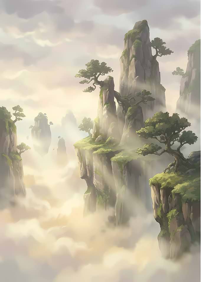Misty Mountain Peaks with Trees