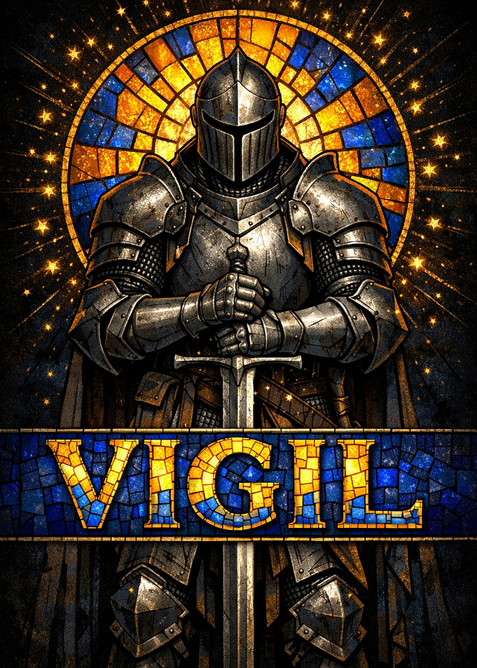 Knight with Stained Glass Background