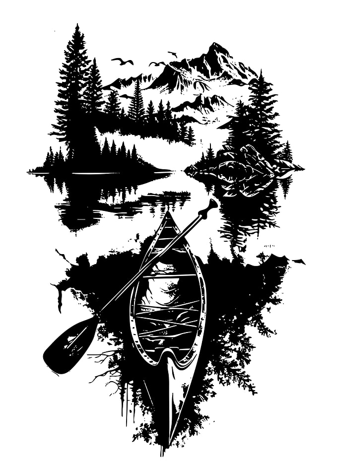 Canoe and Mountain Landscape Reflection