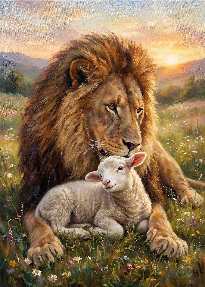 Lion and Lamb in a Field