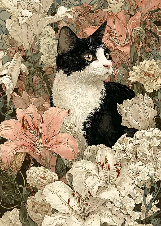 Tuxedo Cat Among Flowers