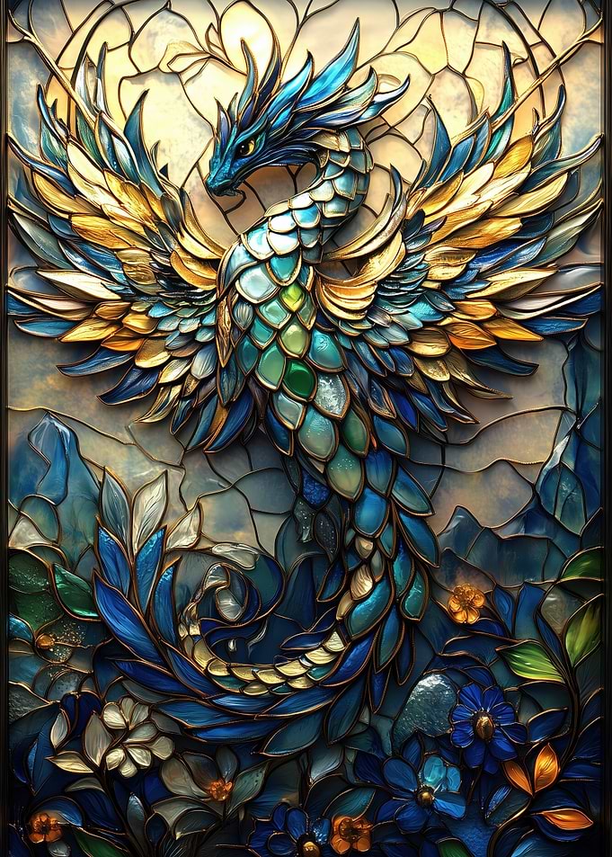 Stained Glass Dragon with Floral Background