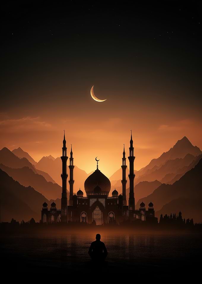 Mosque at Sunset with Crescent Moon