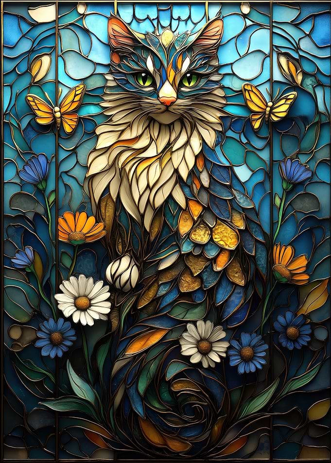 Stained Glass Cat with Butterflies and Flowers
