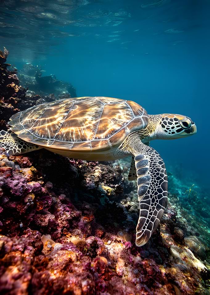 Sea Turtle Swimming Over Coral Reef