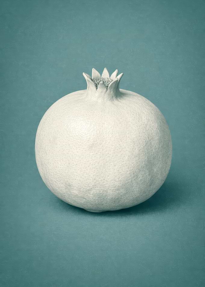 Single White Pomegranate on Teal Background