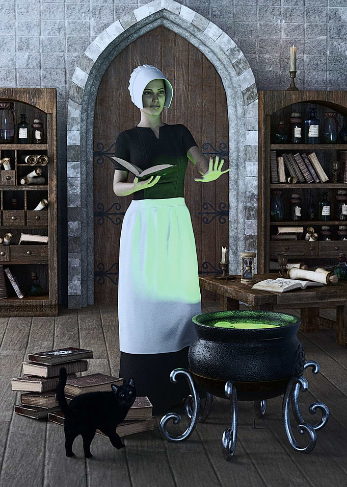 Medieval witch making a potion with her black cat familiar