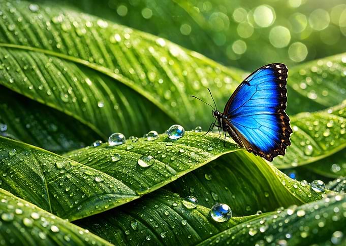 Blue butterfly on wet green leaves