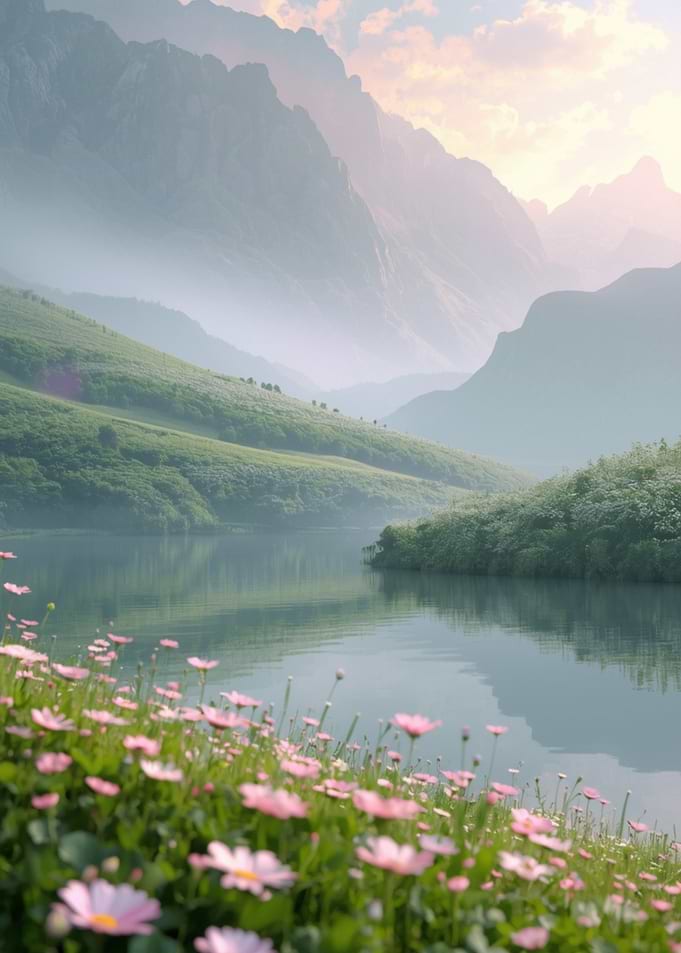 Misty Mountains and Lakeside Flowers