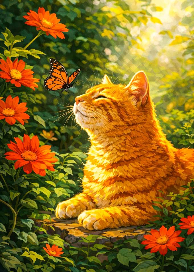 Orange Cat and Butterfly in Garden
