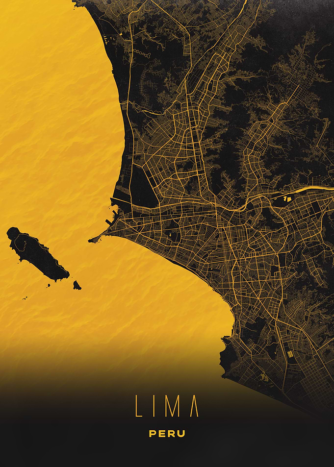 Lima, Peru - Golden City Streets Map Poster, Modern Wall Art