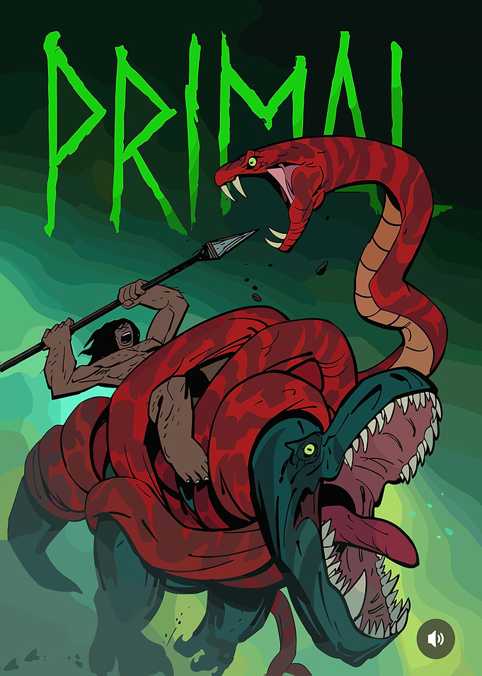 Primal Caveman Fights Dinosaur and Snake