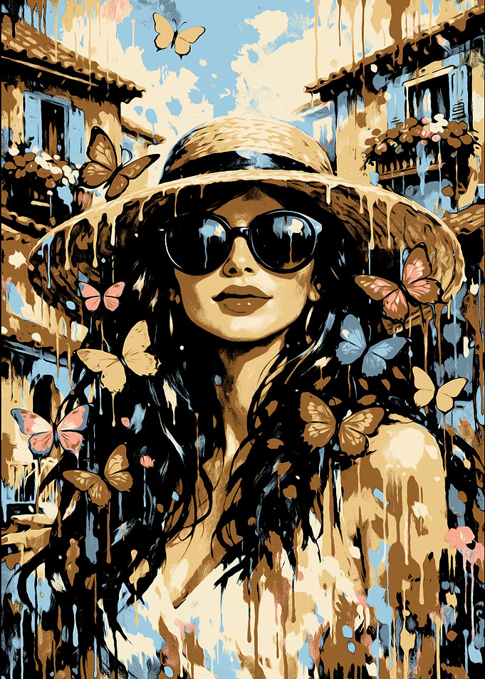 Woman in a Hat with Butterflies