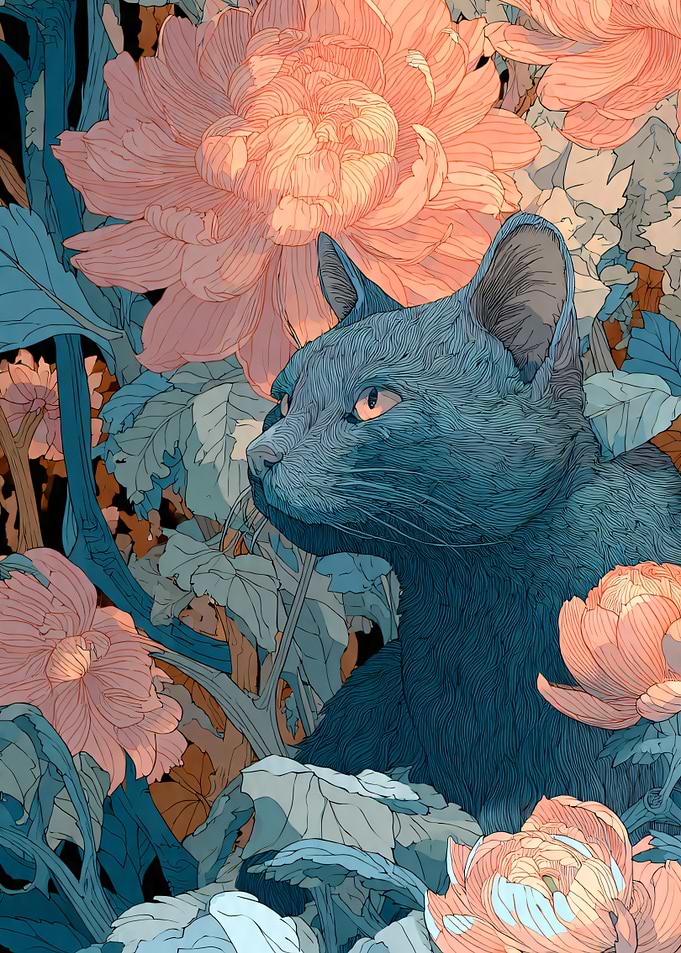 Blue Cat Among Pink Flowers