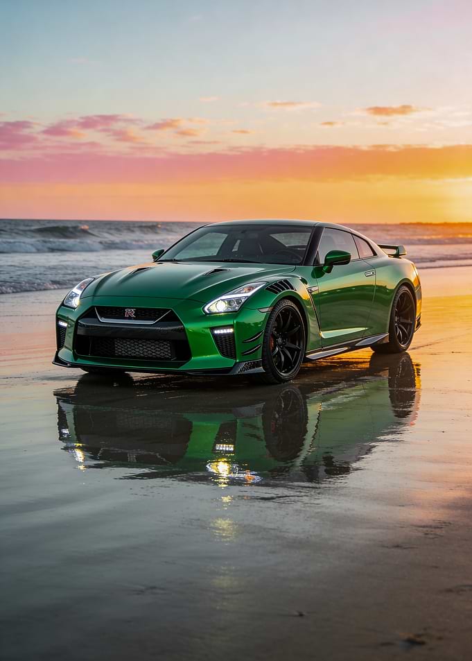 Green Nissan GT-R on a Beach at Sunset