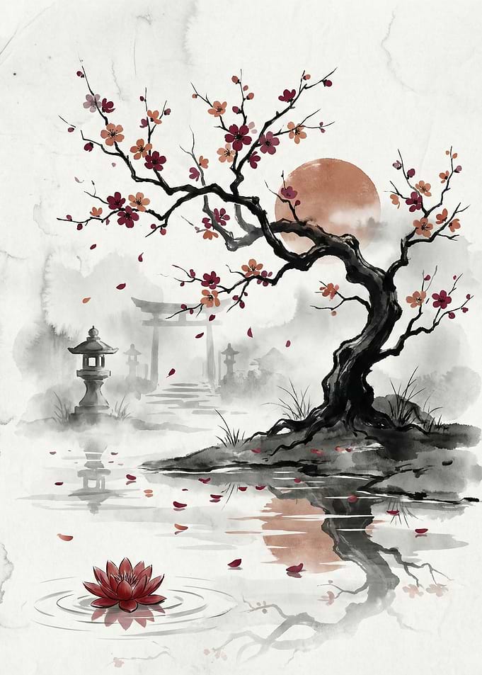 Japanese Zen Garden with Cherry Blossoms