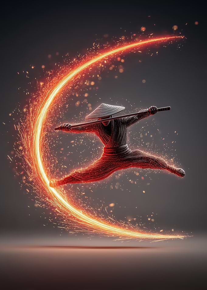 Ninja leaping through fiery crescent