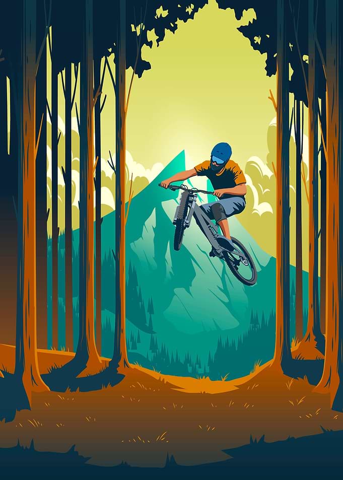 Mountain Biker Jumping Through Forest