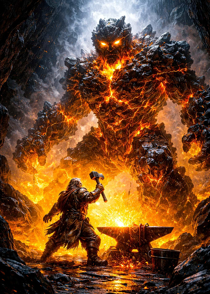 Blacksmith forging a lava giant