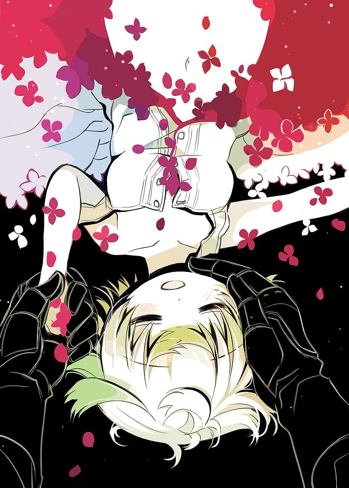 Anime couple with falling flowers