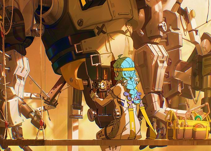 Girl working on a giant robot