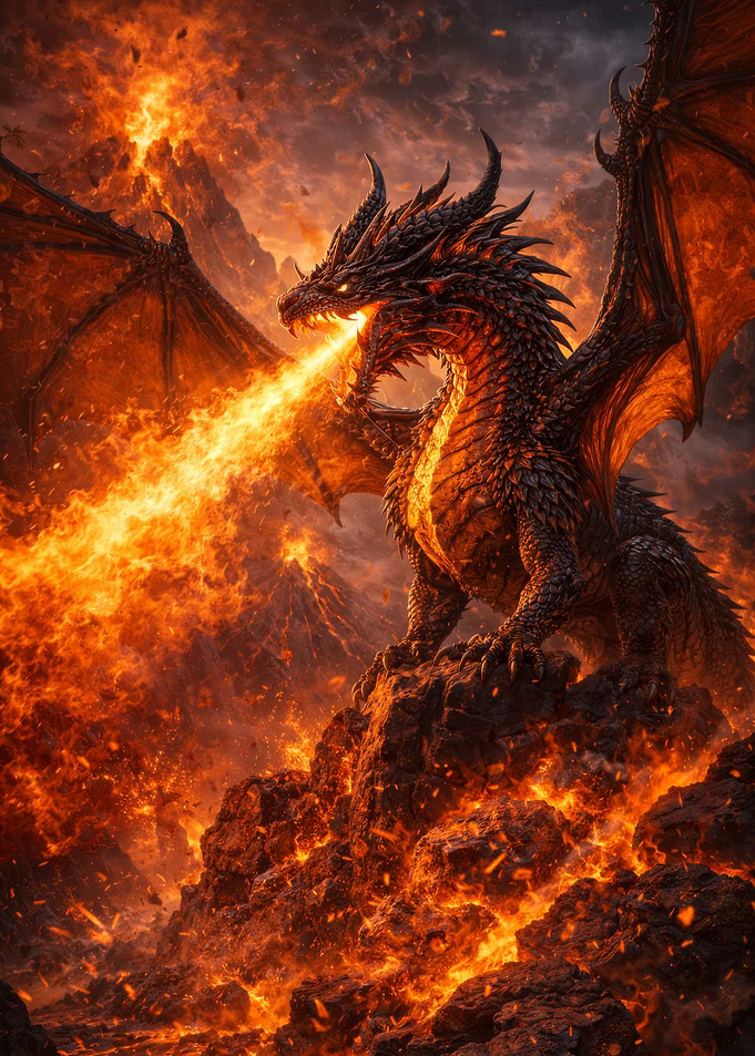 Dragon breathing fire in volcanic landscape
