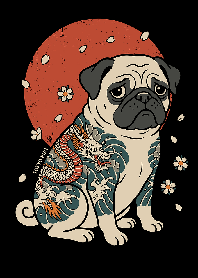 Tattooed Pug with Dragon and Sun