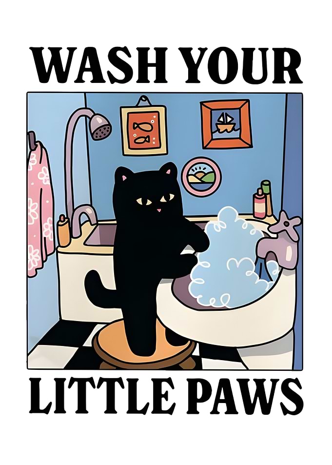 Black Cat Washing Paws in bathroom toilet